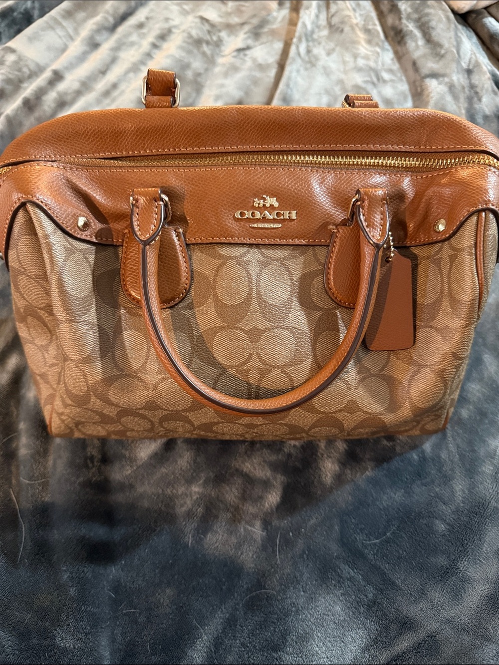 Coach Brown/Tan Signature Satchel with Leather Trim